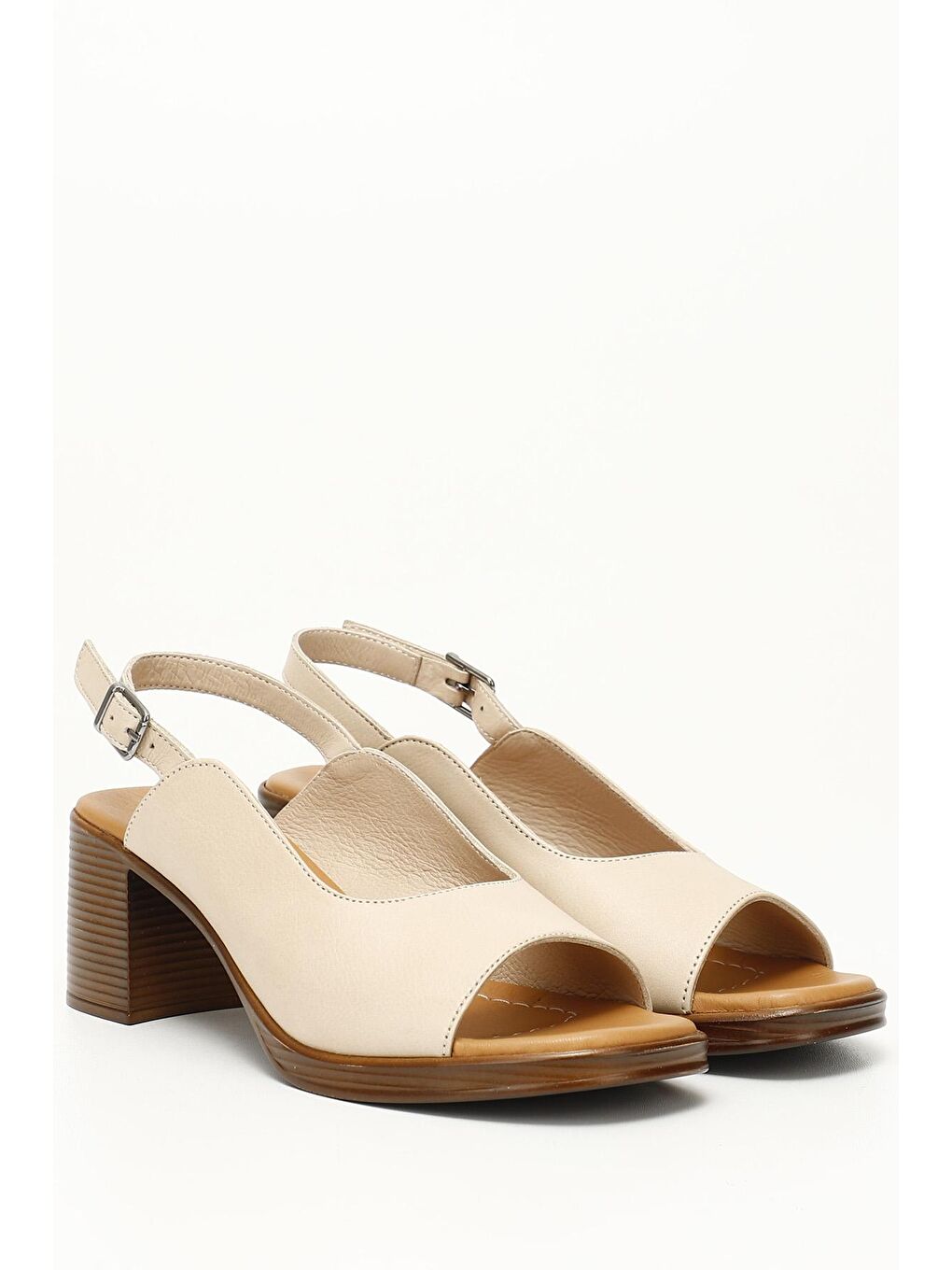 Bej AÇIK BEJ  Hakiki Deri Orta Kalın Topuklu Kadın Sandalet 45801-1