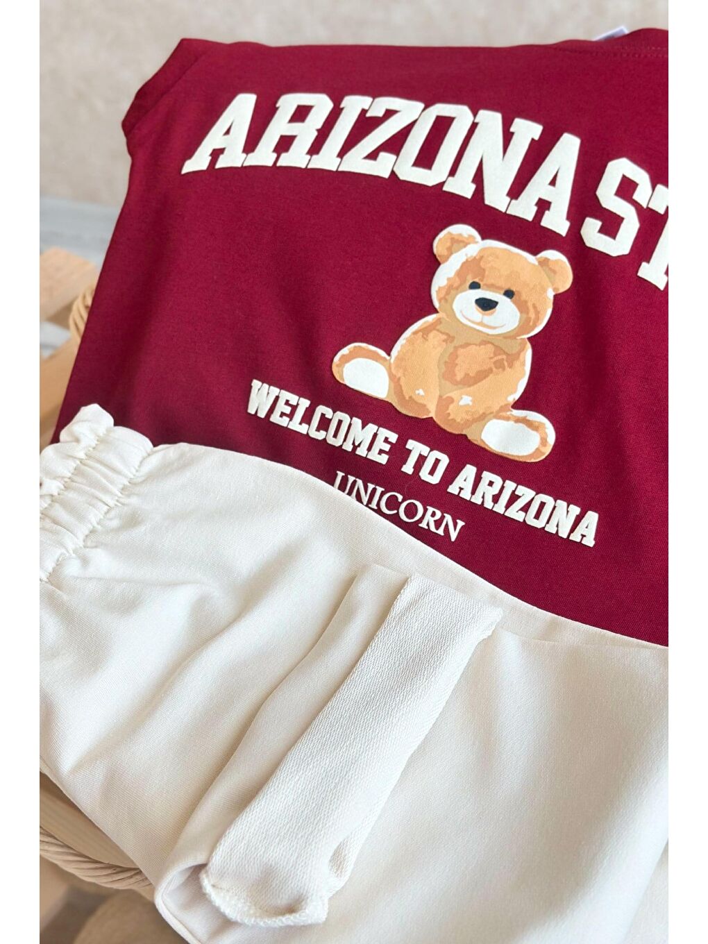 Kız Çocuk Pamuklu Ayıcık Baskılı Bordo T-Shirt Ve Ekru Eşofman 2'Li Takım-3