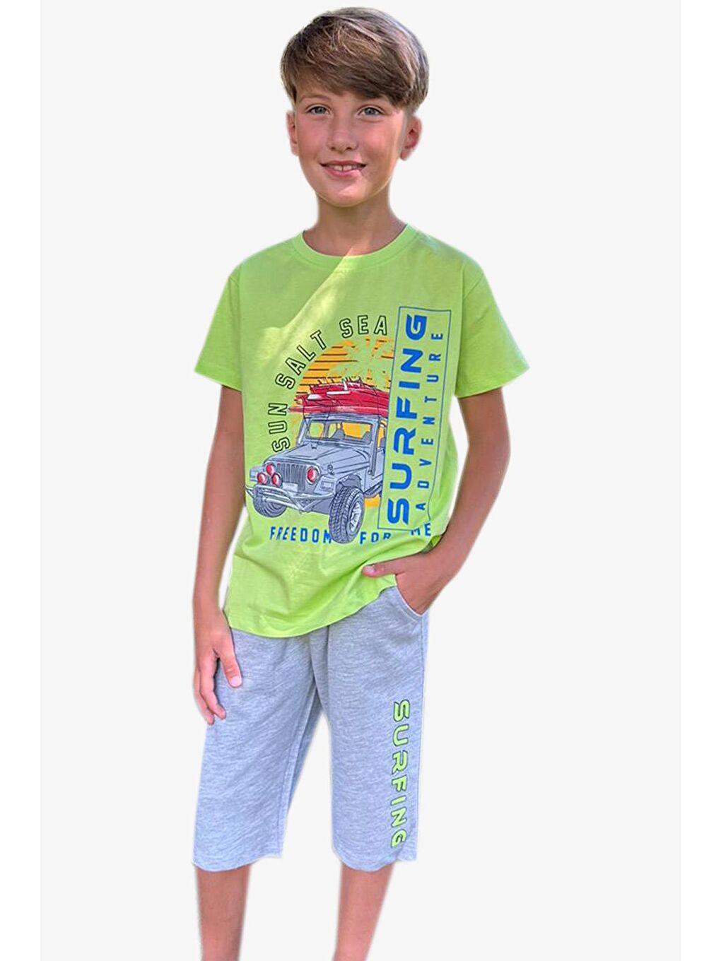 Erkek Çocuk Şortlu Takım Araba Baskılı Fıstık Yeşili (5-9 Yaş)-4