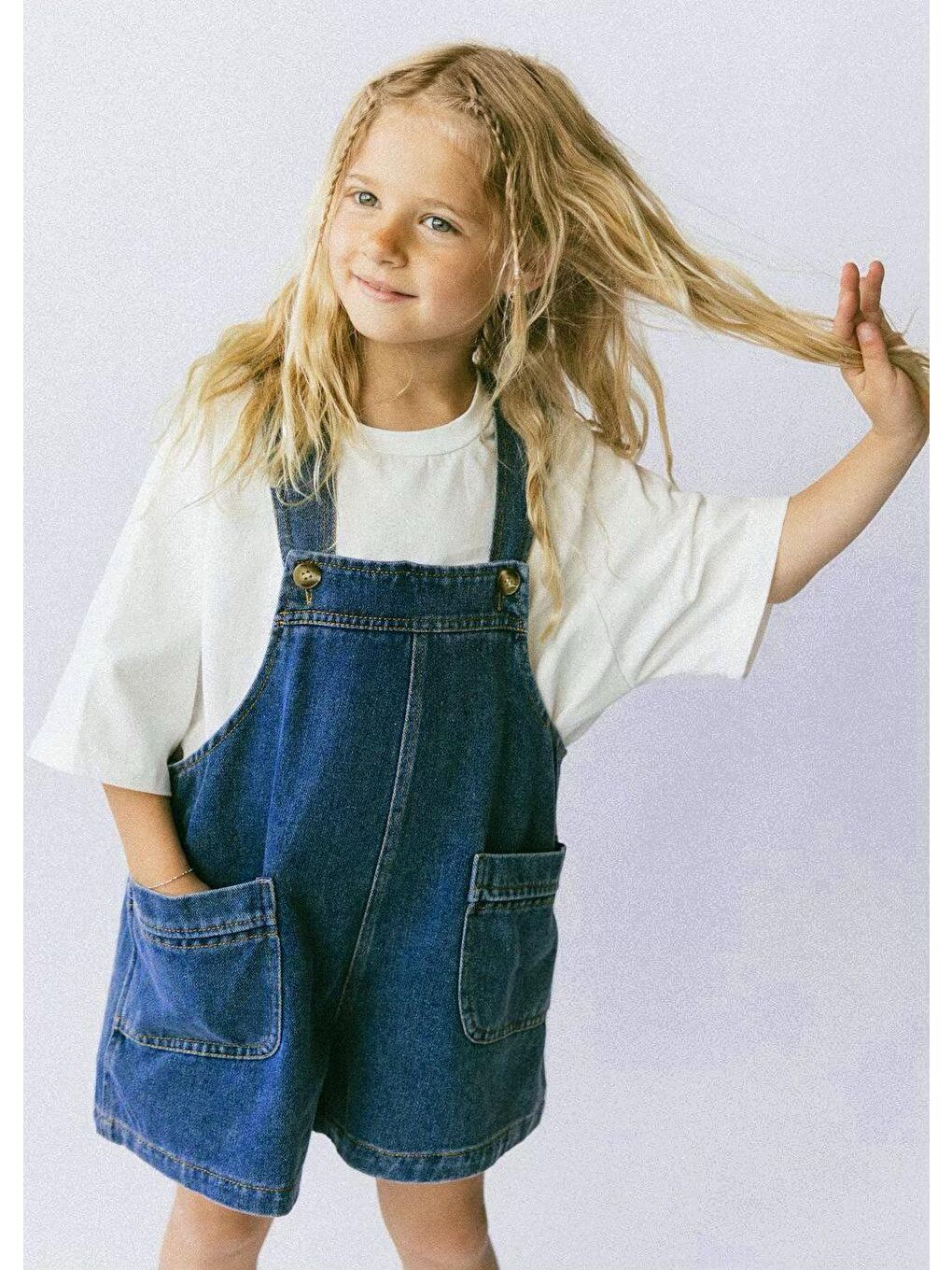 Mavi Kız Çocuk Oversize Tişört Ve Denim Salopet Şort Takım-2