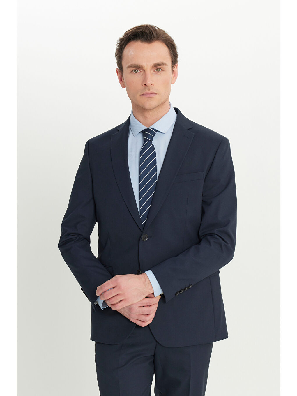 Erkek Lacivert Slim Fit Dar Kesim Mono Yaka Kapak Cep Esnek Takım Elbise