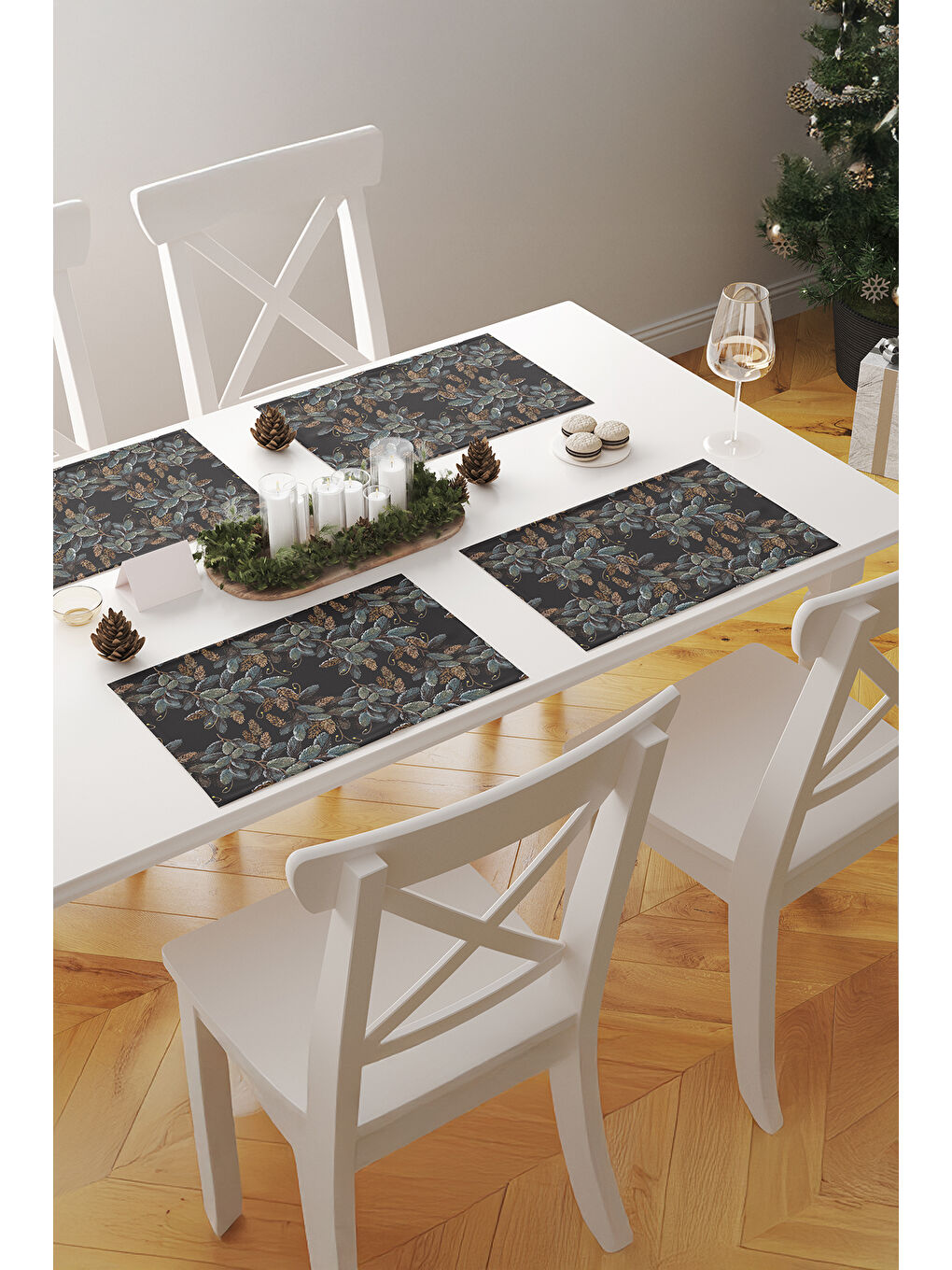 Gri Leafy Yaprak Desenli 2'li Amerikan Servis Seti – Koyu Yeşil/Füme-WTPM