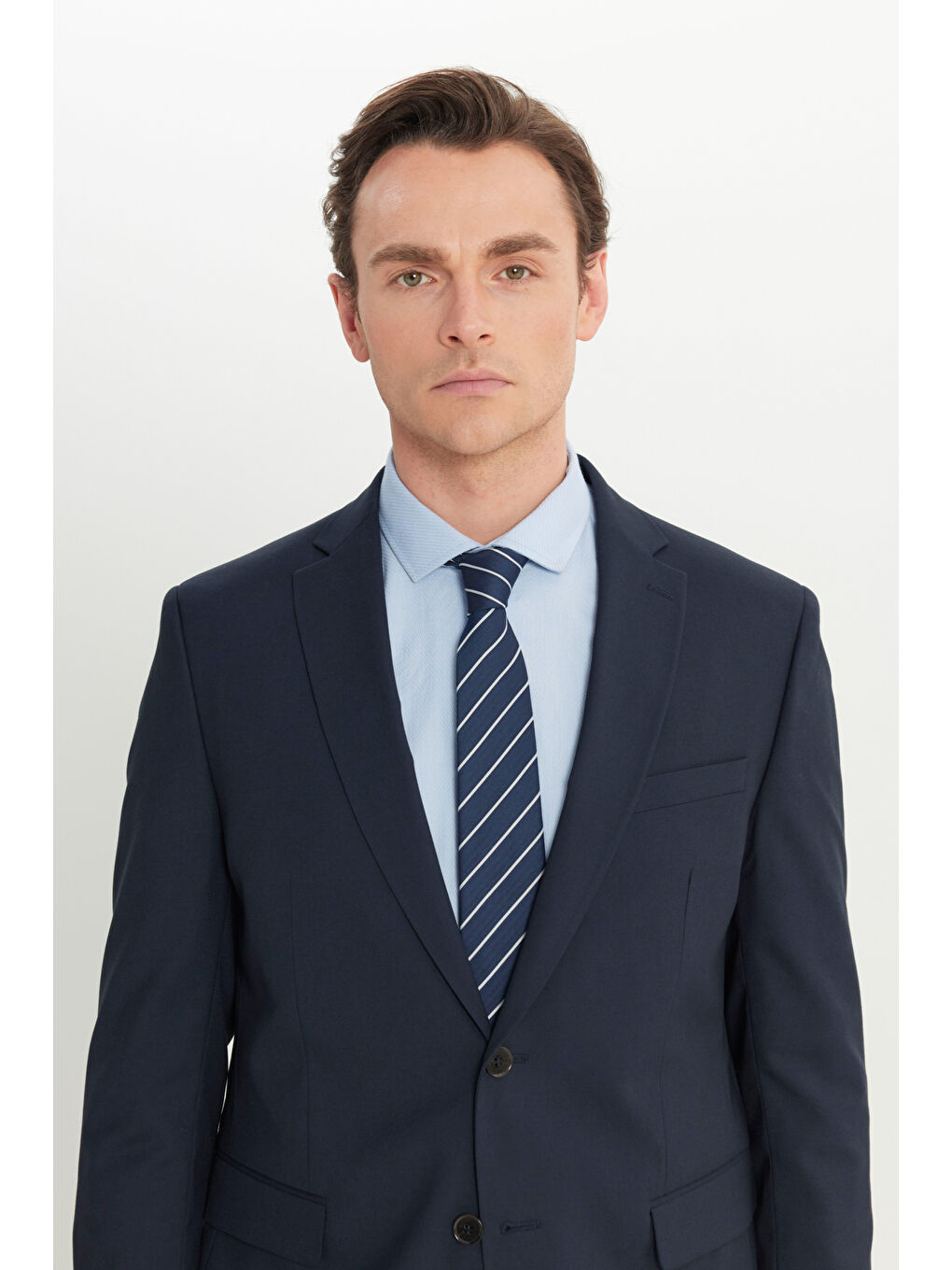 Erkek Lacivert Slim Fit Dar Kesim Mono Yaka Kapak Cep Esnek Takım Elbise-3