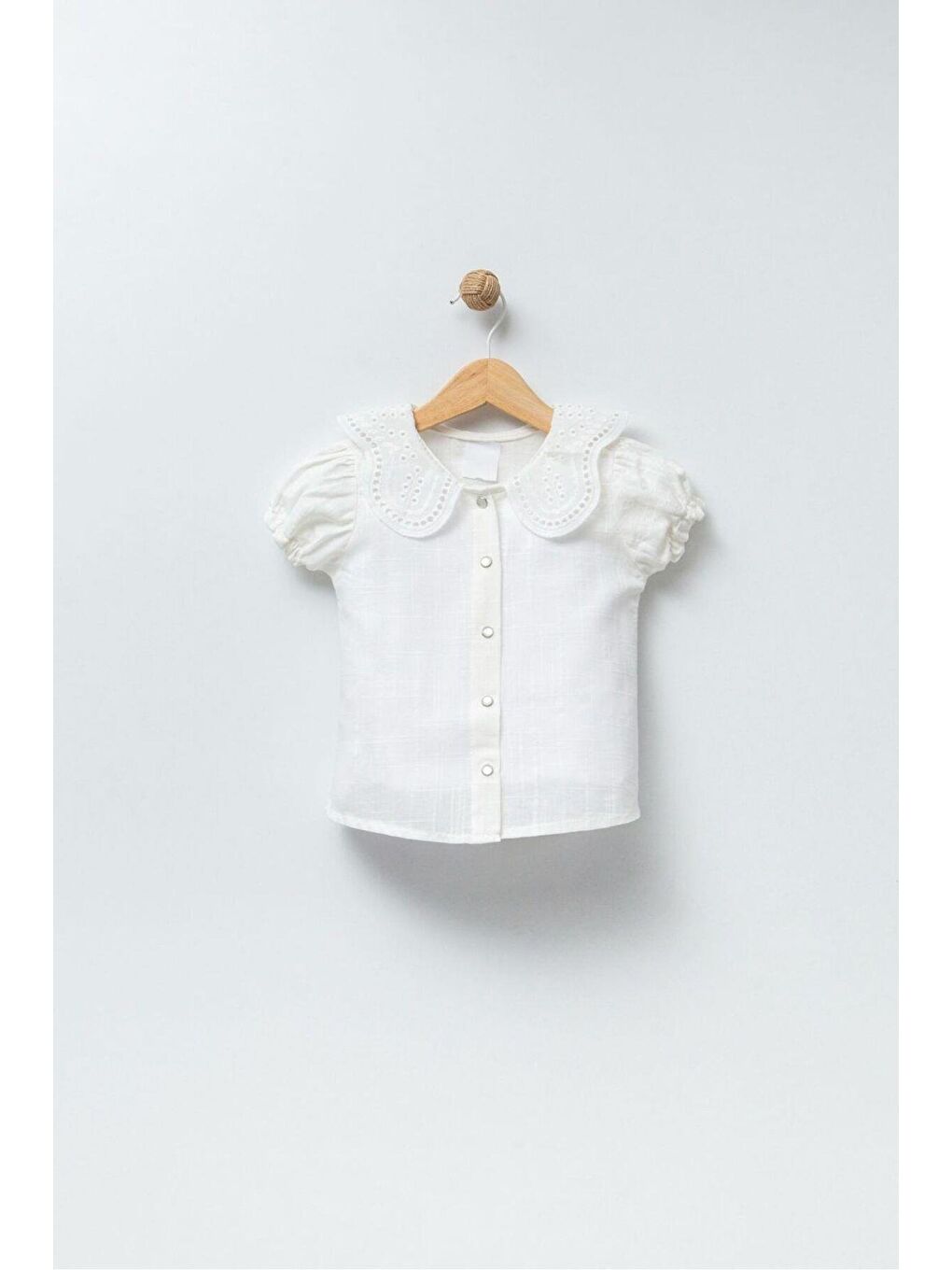 Ekru Kız Çocuk Pamuklu Kısa Kollu Keten Gömlek