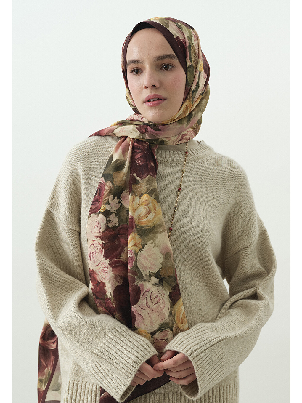 Rose Breeze Desenli Pamuk Viskon Şal Bordo