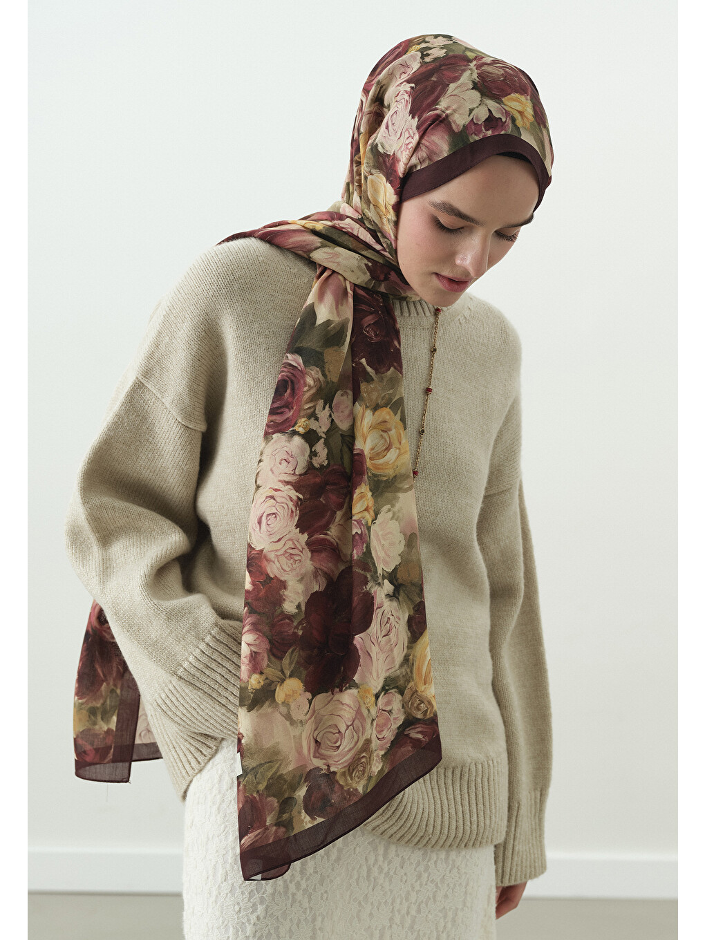 Rose Breeze Desenli Pamuk Viskon Şal Bordo-4
