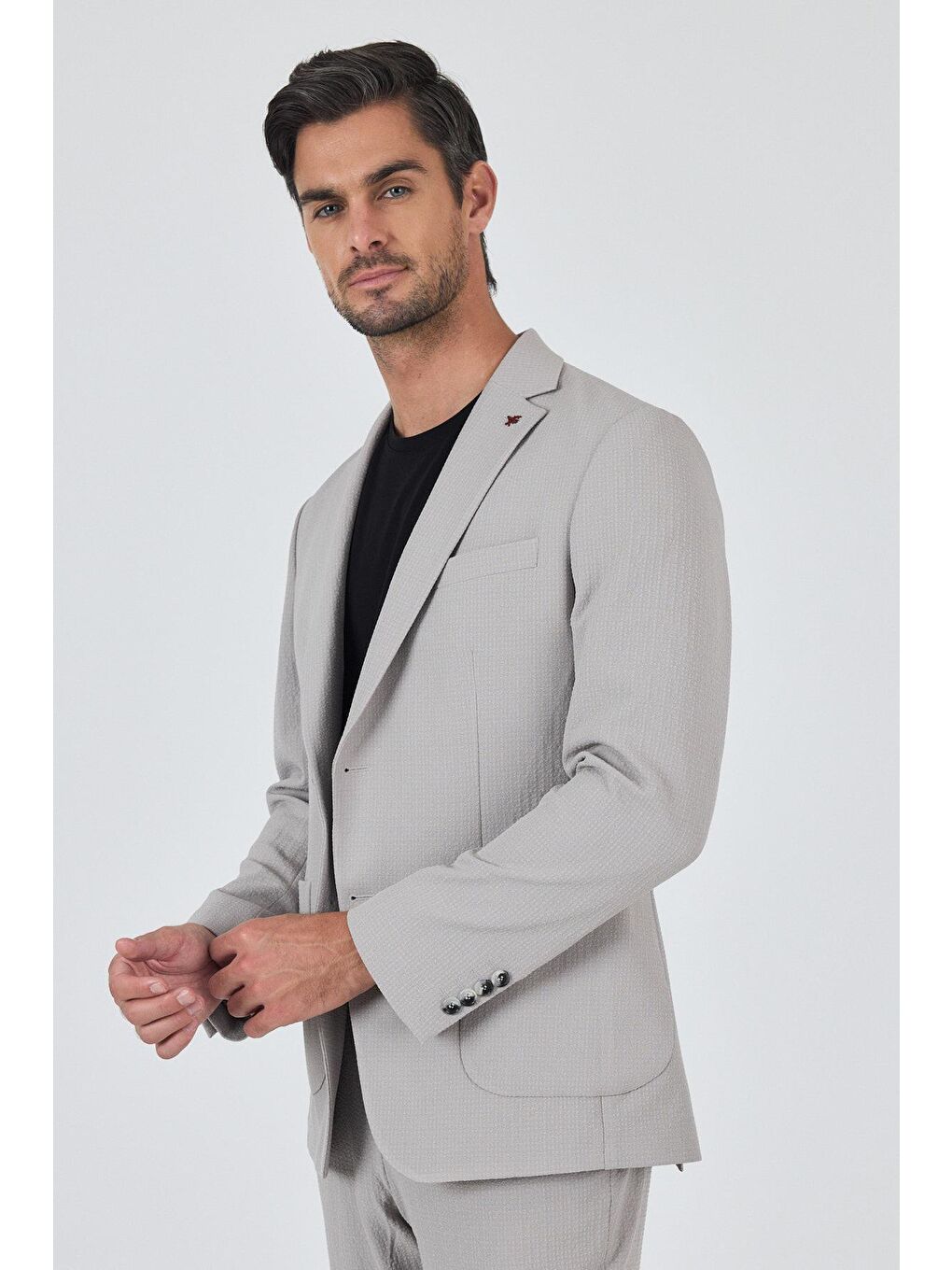 Bej Taş Rengi Mono Yaka Kendinden Desenli 2 Düğme Casual Esnek Slim Fit Takım Elbise 1001250174