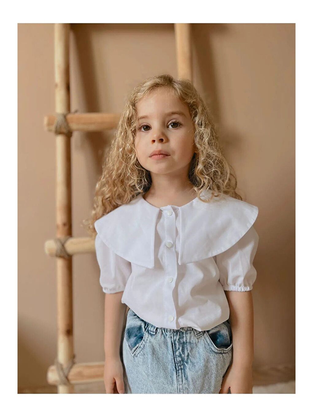 Beyaz Kız Çocuk Yaka Detay Kısa Kol Pamuklu Poplin Gömlek-1