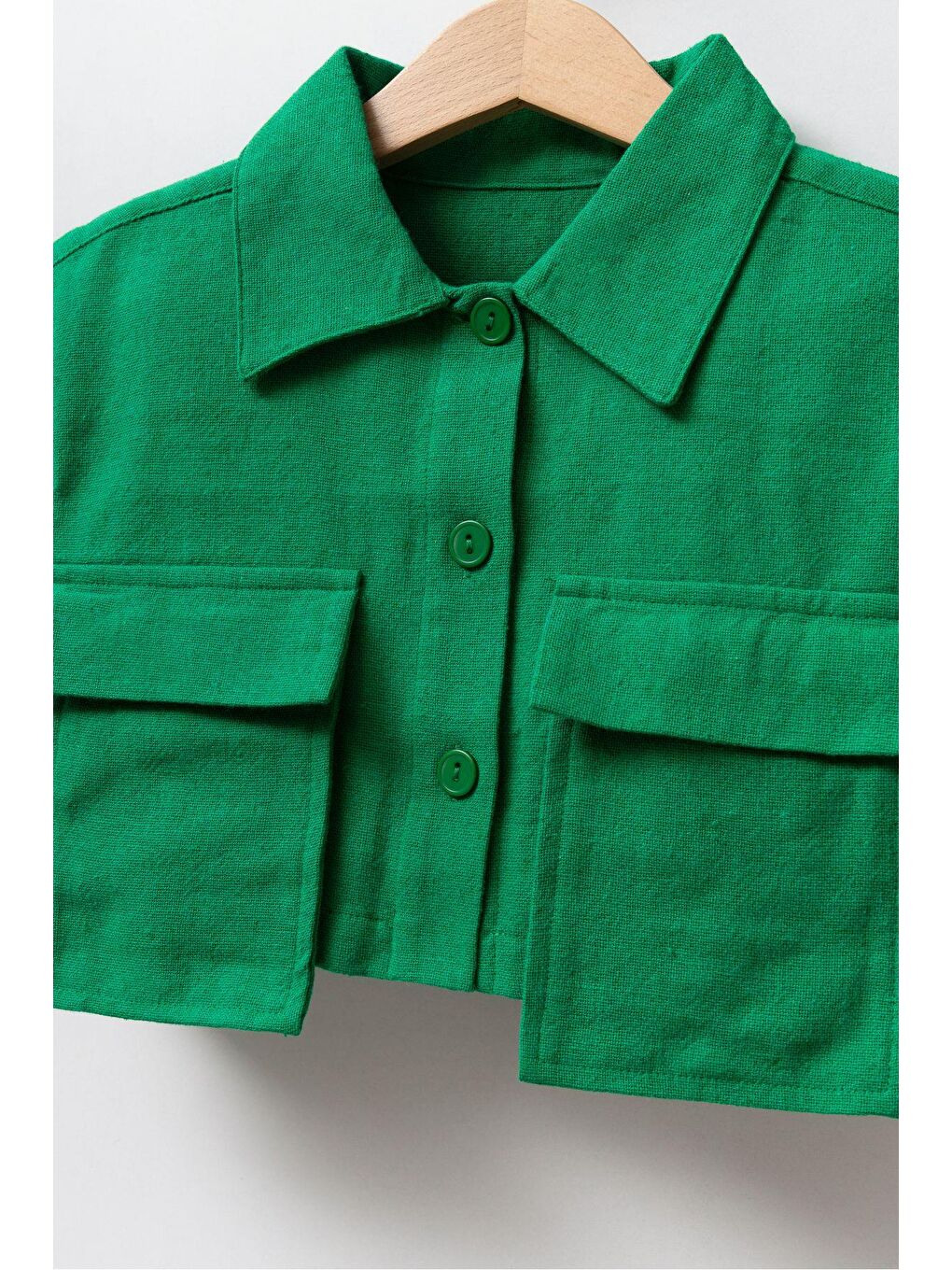 Kız Çocuk Keten Yeşil Cepli Crop Gömlek-1