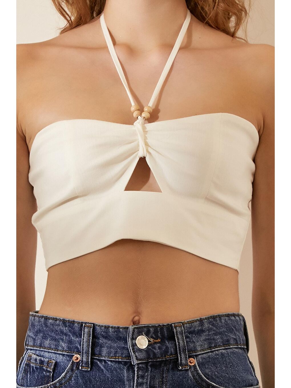 Beyaz Bağlamalı Boncuk Detaylı Gipeli Crop-3