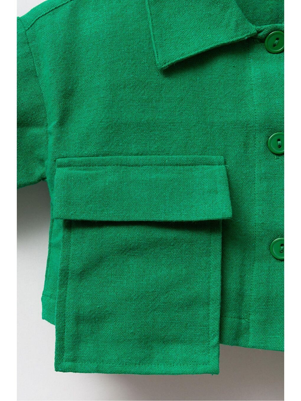 Kız Çocuk Keten Yeşil Cepli Crop Gömlek-2