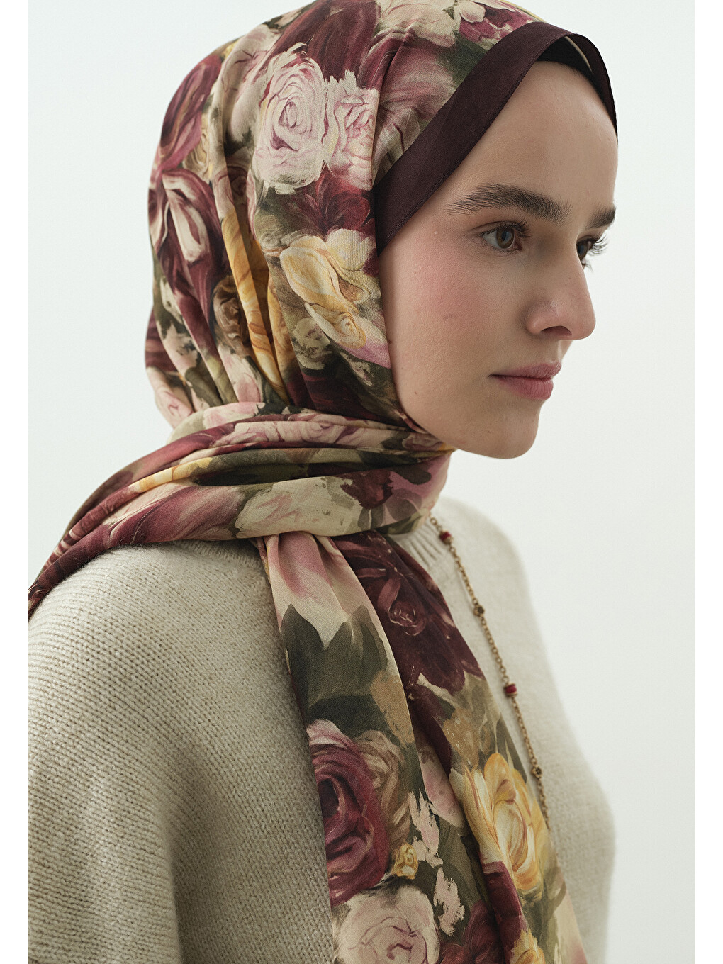 Rose Breeze Desenli Pamuk Viskon Şal Bordo-6
