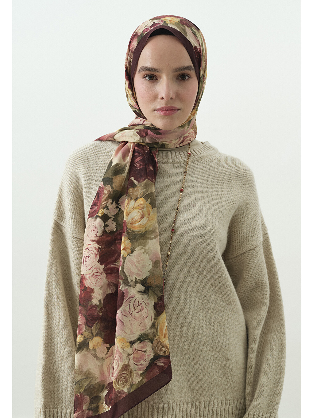 Rose Breeze Desenli Pamuk Viskon Şal Bordo-3