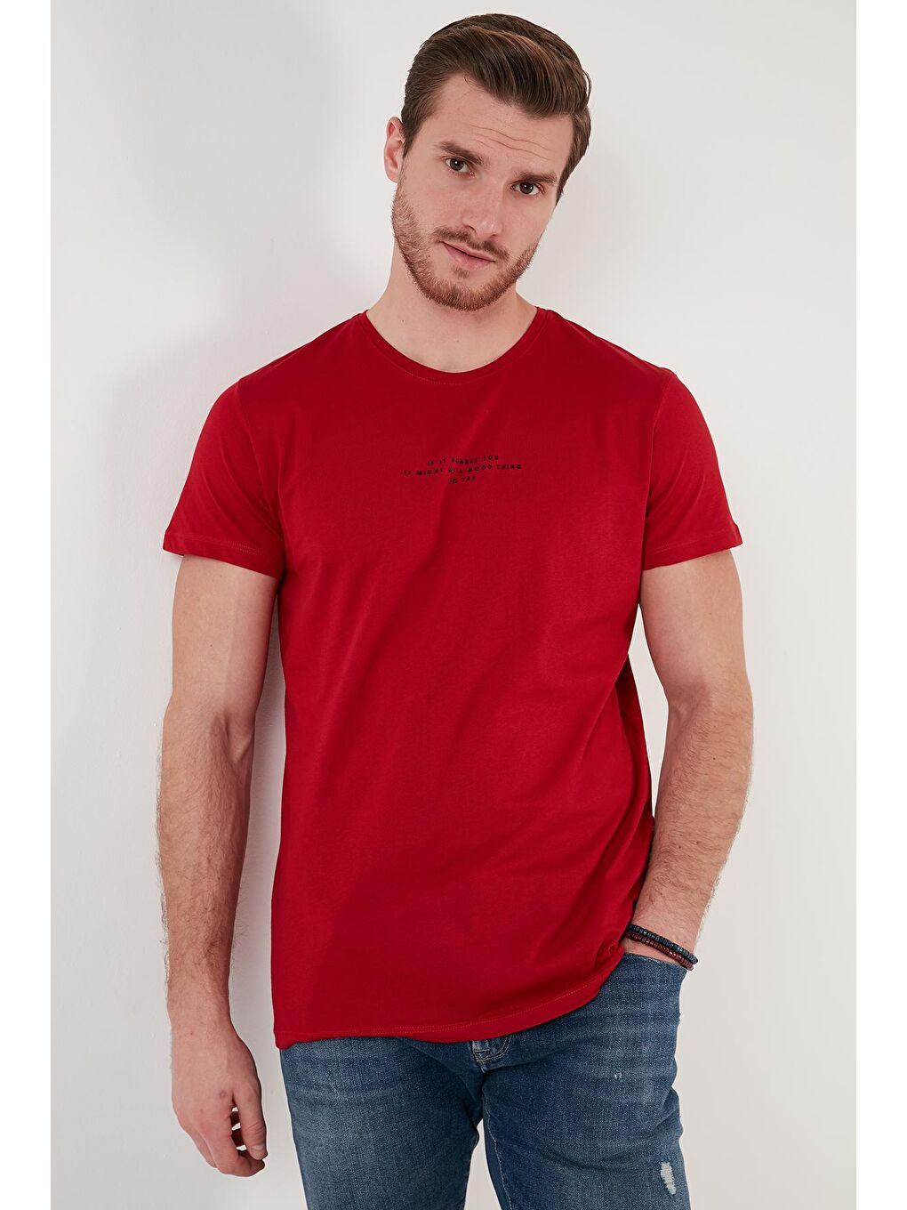Kırmızı Bisiklet Yaka % 100 Pamuk Slim Fit Erkek Tişört 541IFIT-1