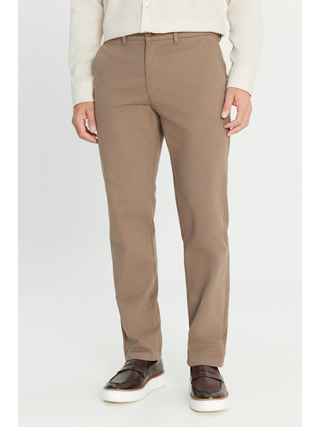 Bej Erkek Vizon %100 Pamuk Comfort Fit Rahat Kesim Yan Cepli Pantolon