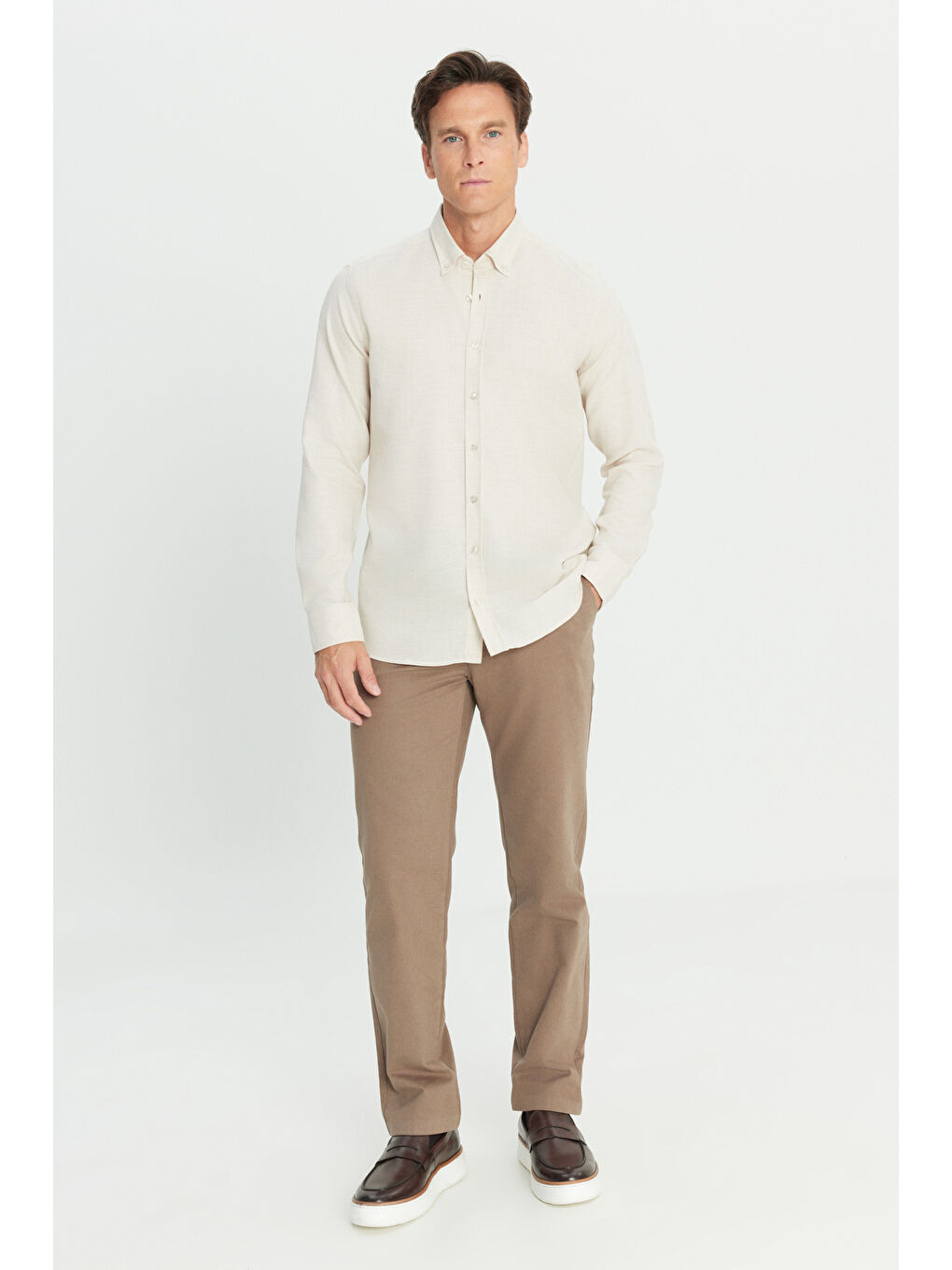 Bej Erkek Vizon %100 Pamuk Comfort Fit Rahat Kesim Yan Cepli Pantolon-2