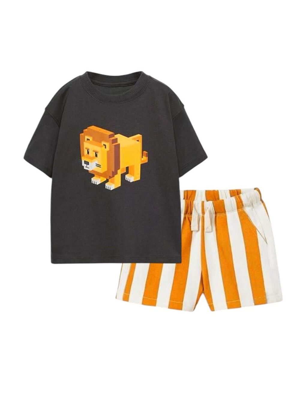 Karışık Erkek Çocuk Pamuklu Siyah Aslan Baskılı T-Shirt Turuncu Çizgili Şort Takım - 2'Li Günlük Set