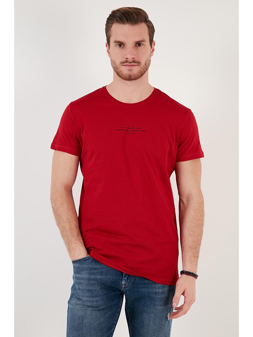 Kırmızı Bisiklet Yaka % 100 Pamuk Slim Fit Erkek Tişört 541IFIT-2
