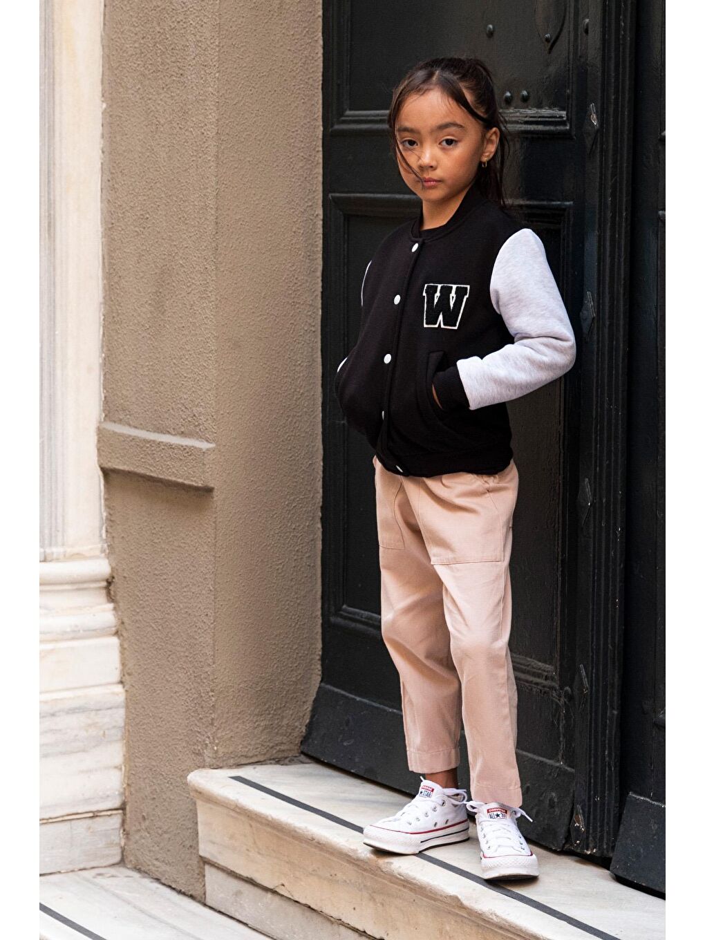 W Nakışlı Kız Çocuk Siyah Bomber Kolej Ceket-2