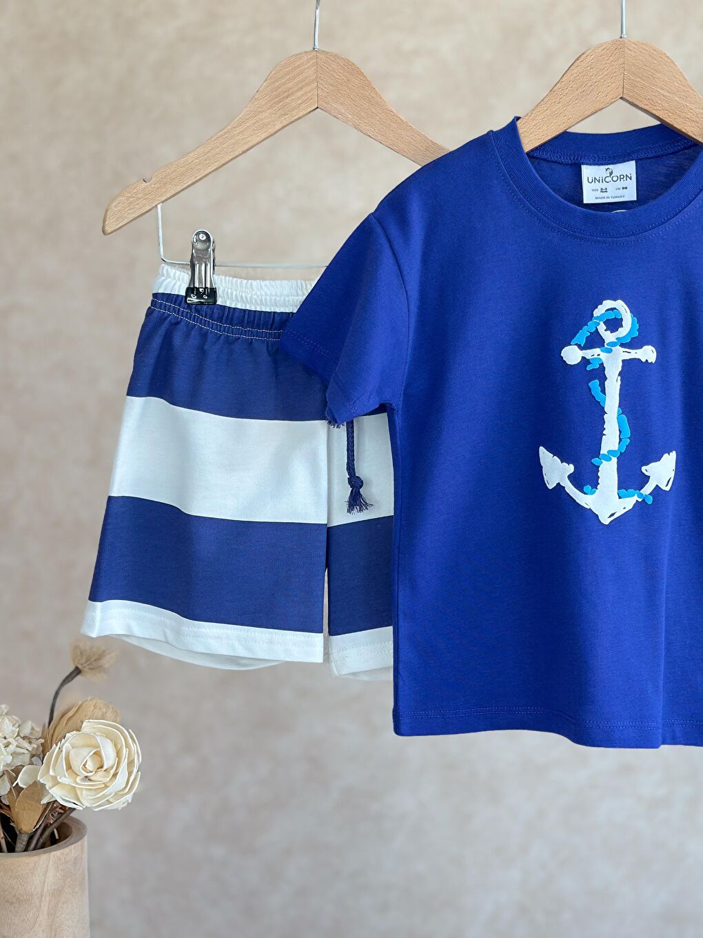 Erkek Çocuk Pamuklu Mavi Çapa Baskılı T-Shirt Ve Çizgili Şort Takım-1