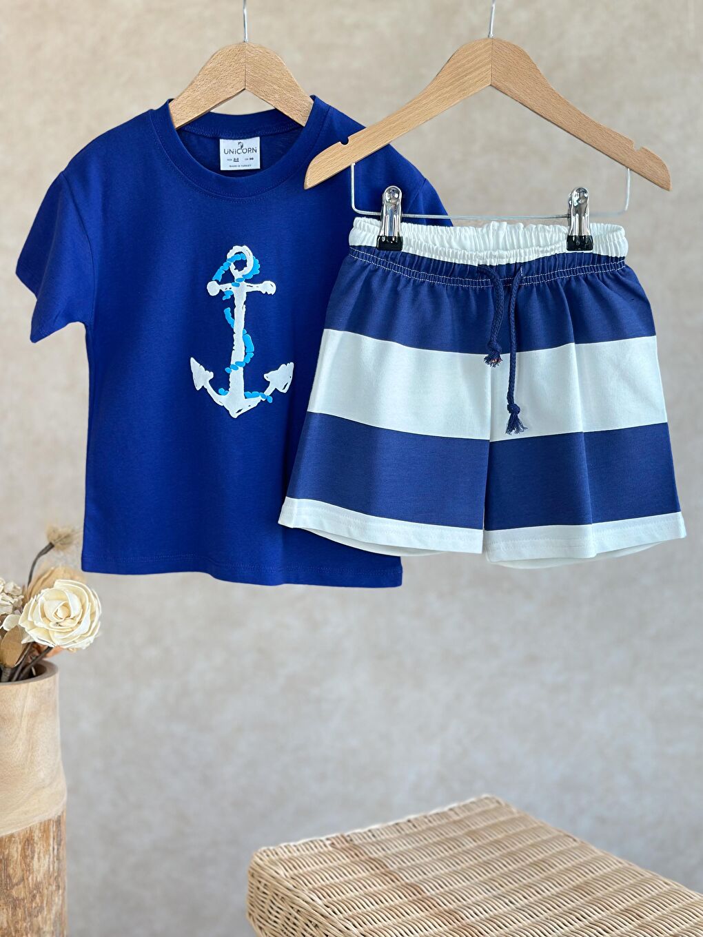 Erkek Çocuk Pamuklu Mavi Çapa Baskılı T-Shirt Ve Çizgili Şort Takım-2