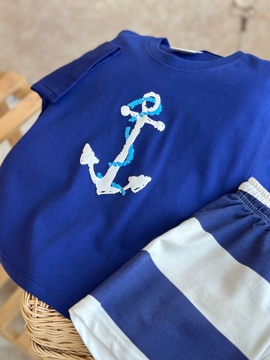 Erkek Çocuk Pamuklu Mavi Çapa Baskılı T-Shirt Ve Çizgili Şort Takım-3