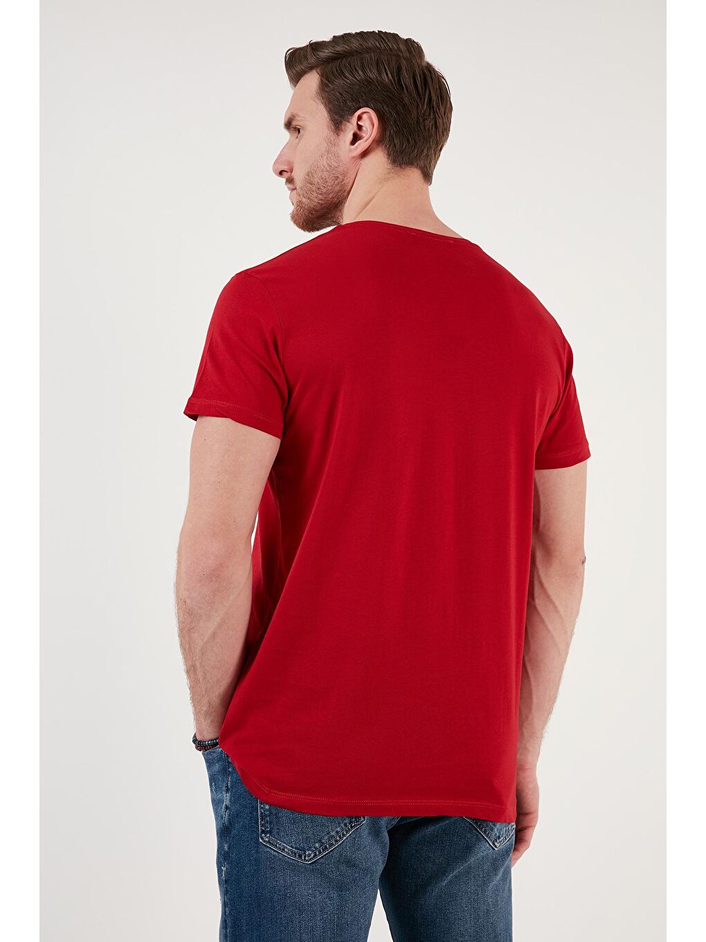 Kırmızı Bisiklet Yaka % 100 Pamuk Slim Fit Erkek Tişört 541IFIT-4