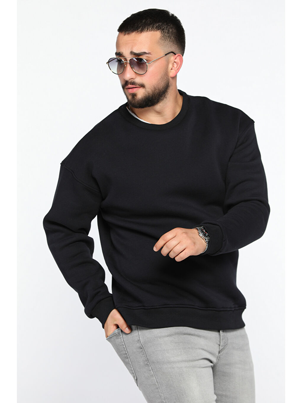 Mishar İtalia Lacivert Erkek Bisiklet Yaka Oversize Şardonlu Üç İplik Sweatshirt - 1