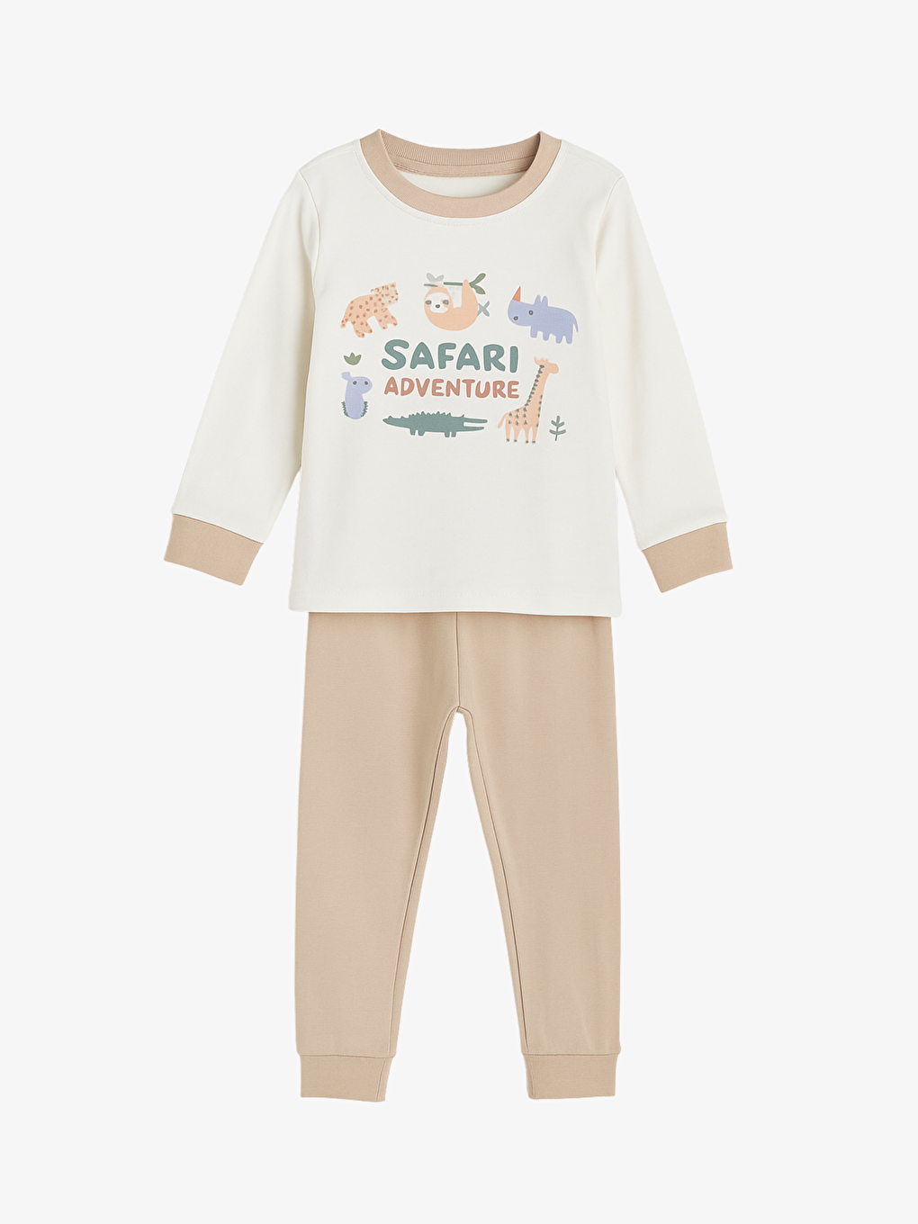 Ekru Bisiklet Yaka Uzun Kollu Erkek Bebek Pijama Takımı