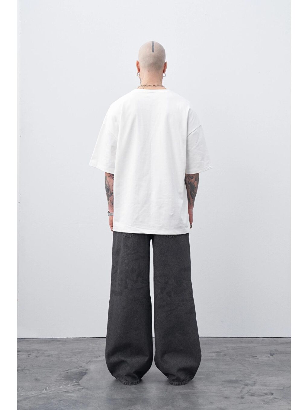 Gri Lazer Baskılı Baggy Jean-1