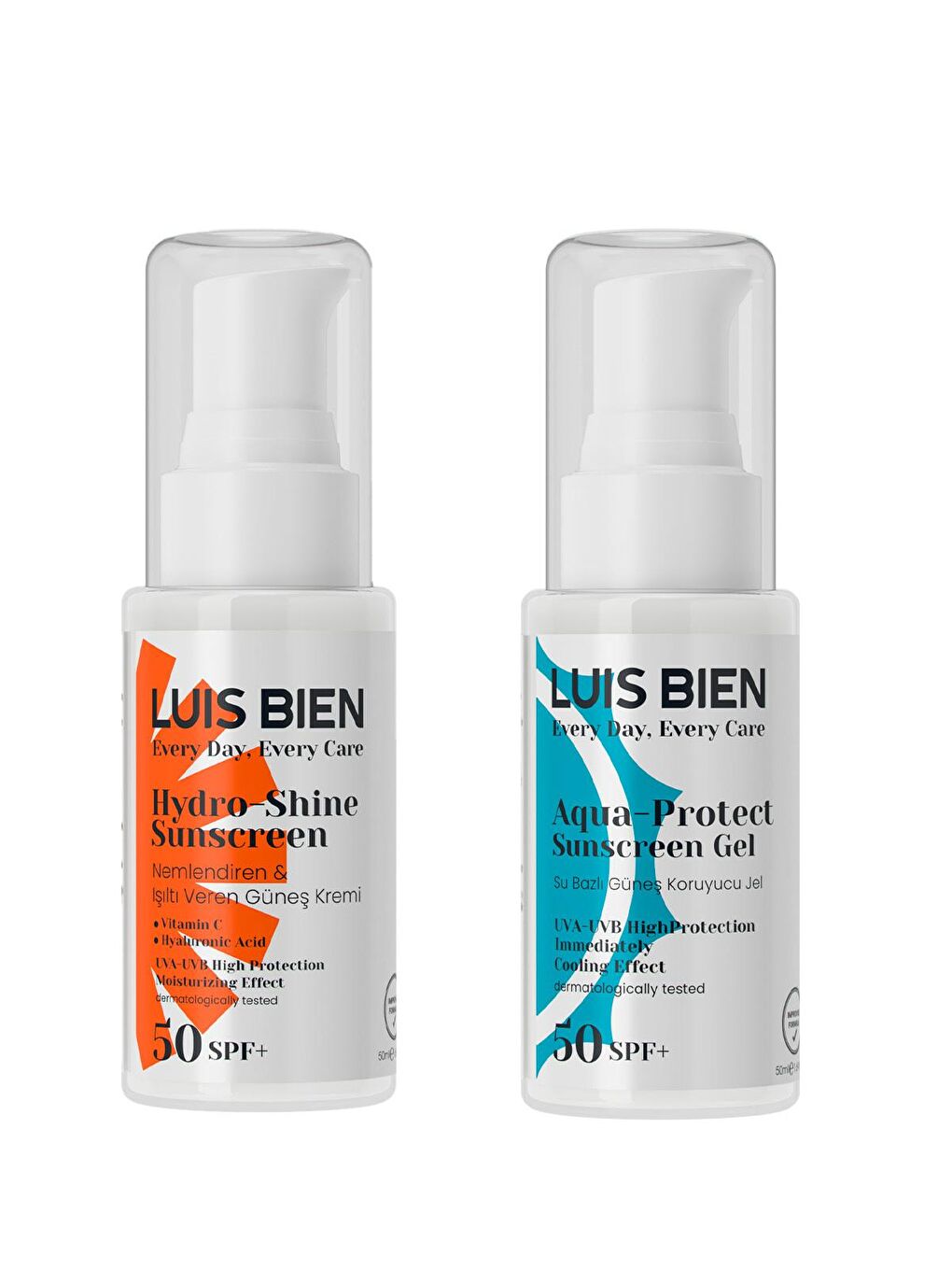 Luis Bien Şeffaf Aydınlatıcı Aqua Sun Jel SPF 50+ & Hyaluronik Asit + Vitamin C SPF 50+ 2'li Set