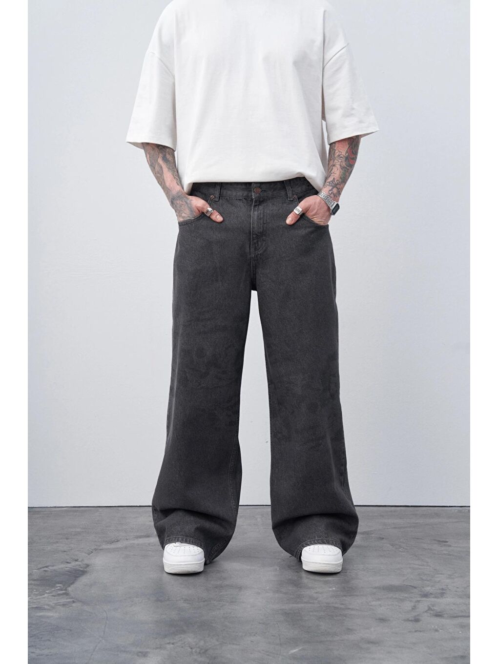 Gri Lazer Baskılı Baggy Jean-2