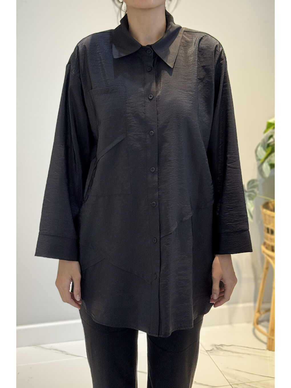Önden Düğmeli Uzun Cep Detaylı Tunik 6148 Siyah