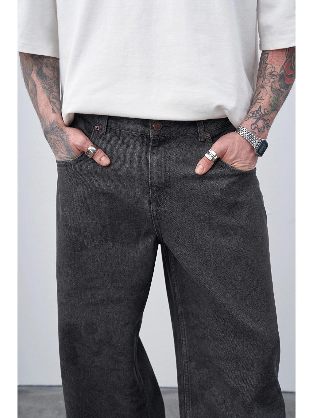 Gri Lazer Baskılı Baggy Jean-3