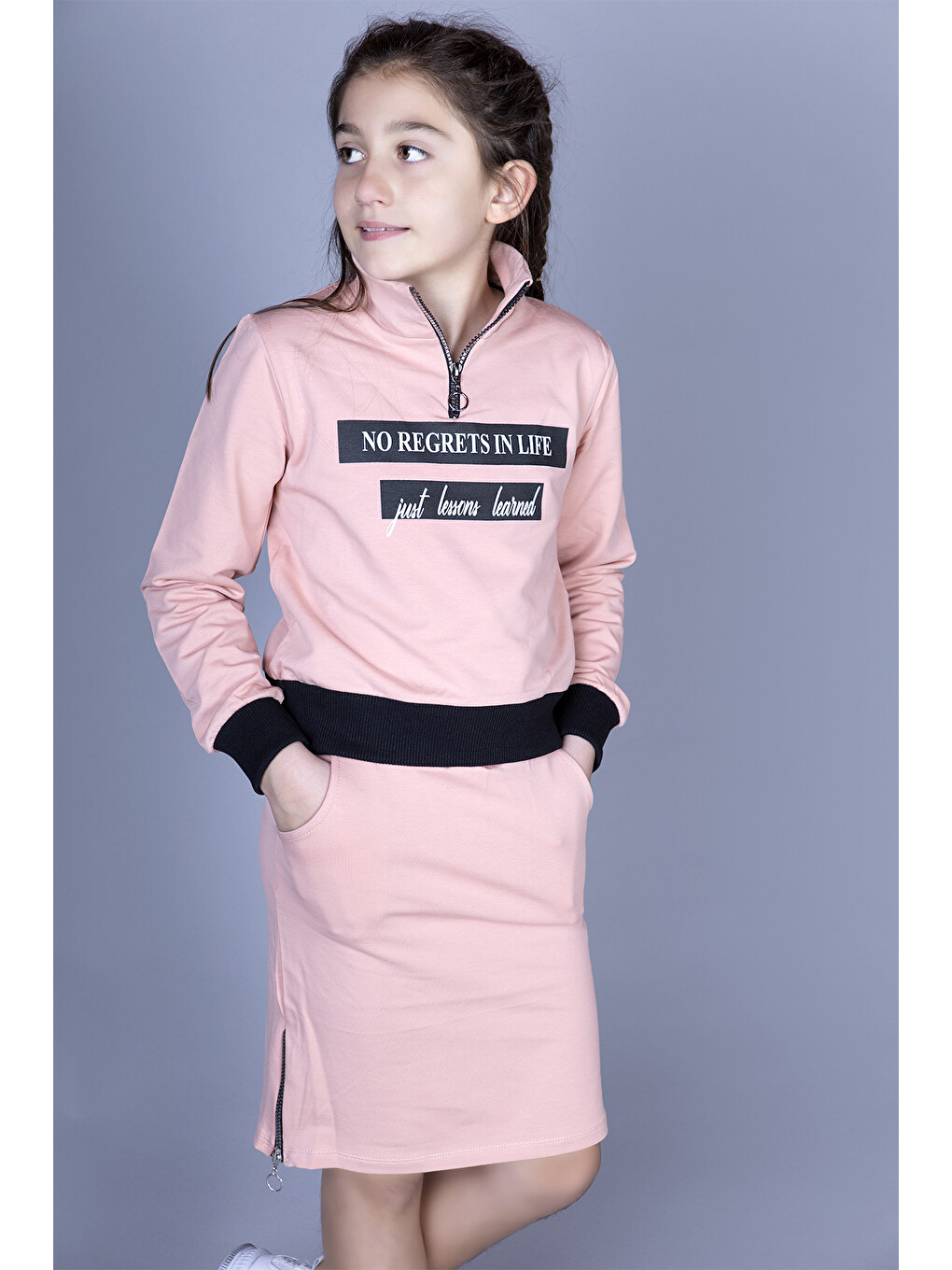Pembe Kız Çocuk Life Baskılı Etekli Takım