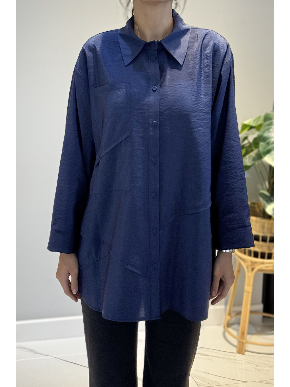 Önden Düğmeli Uzun Cep Detaylı Tunik 6148 Lacivert