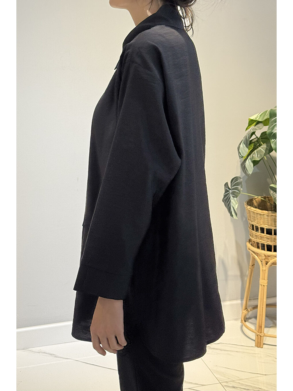 Önden Düğmeli Uzun Cep Detaylı Tunik 6148 Siyah-1