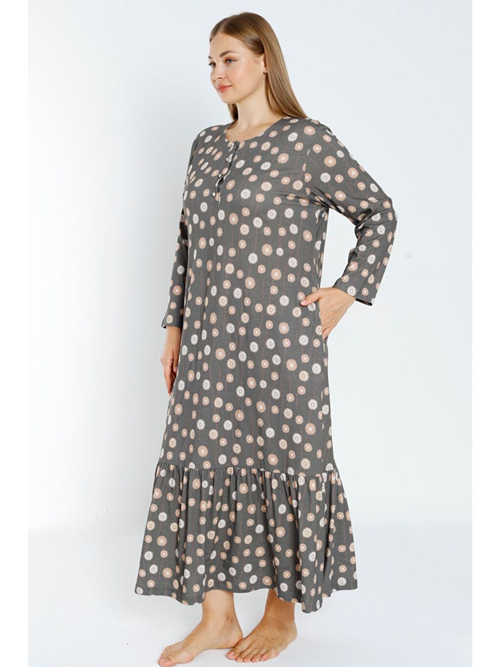 Gri desenli uzun kollu düğmeli cepli kadın büyük beden pamuklu elbise-1