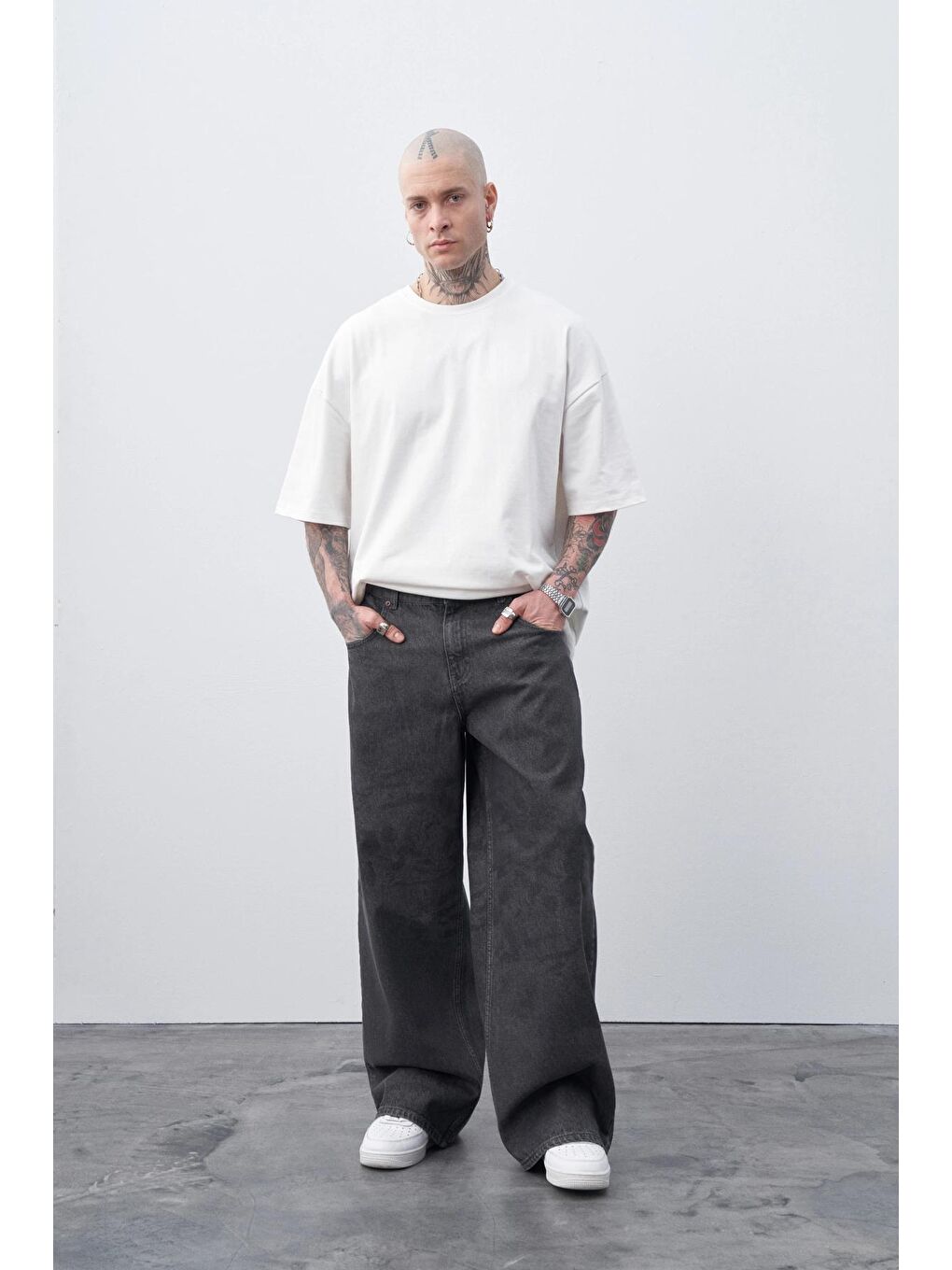 Gri Lazer Baskılı Baggy Jean-4