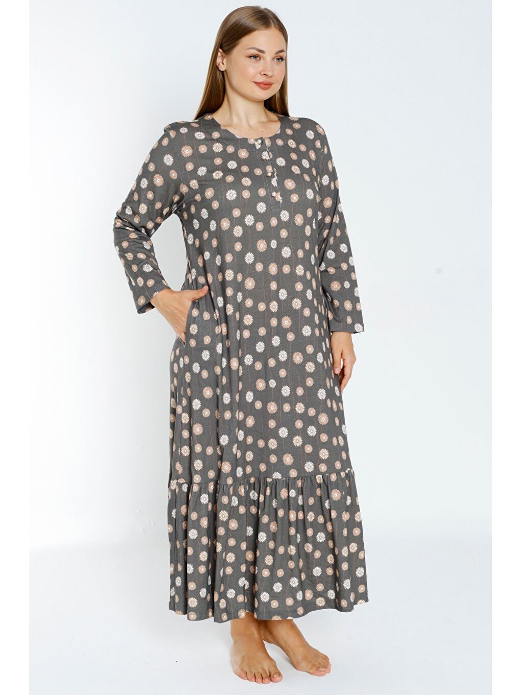 Gri desenli uzun kollu düğmeli cepli kadın büyük beden pamuklu elbise-2