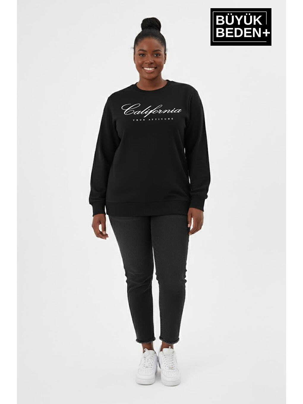 Siyah Kadın Büyük Beden El Yazılı California Baskılı Bisiklet Yaka ince Sweatshirt SPR26BSWK956-7