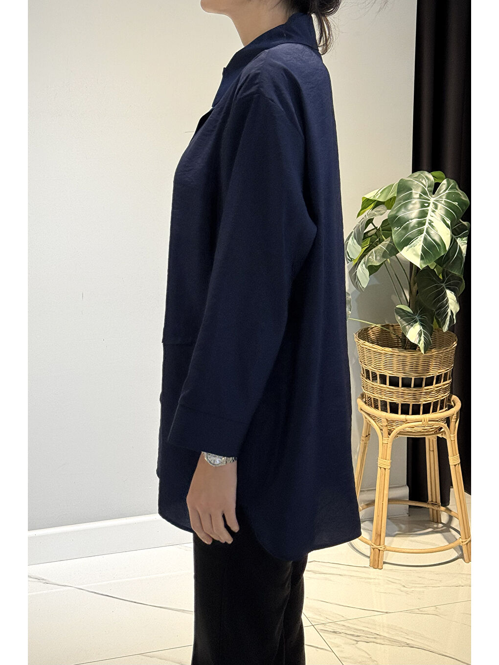 Önden Düğmeli Uzun Cep Detaylı Tunik 6148 Lacivert-1