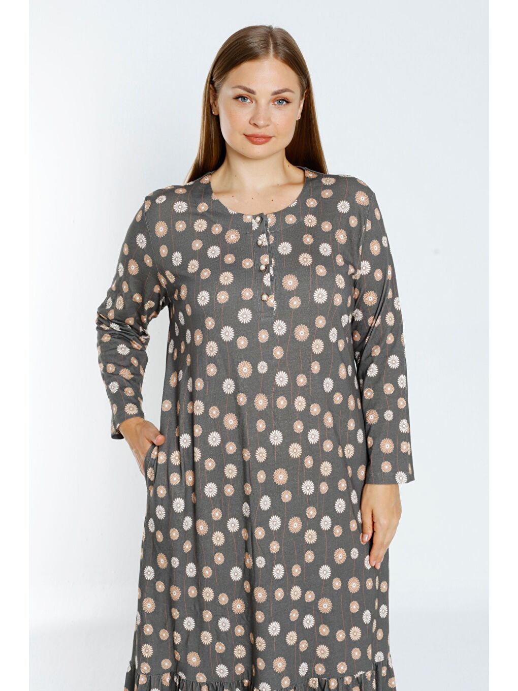 Gri desenli uzun kollu düğmeli cepli kadın büyük beden pamuklu elbise-3