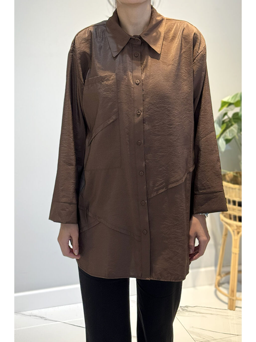 Önden Düğmeli Uzun Cep Detaylı Tunik 6148 Kahverengi