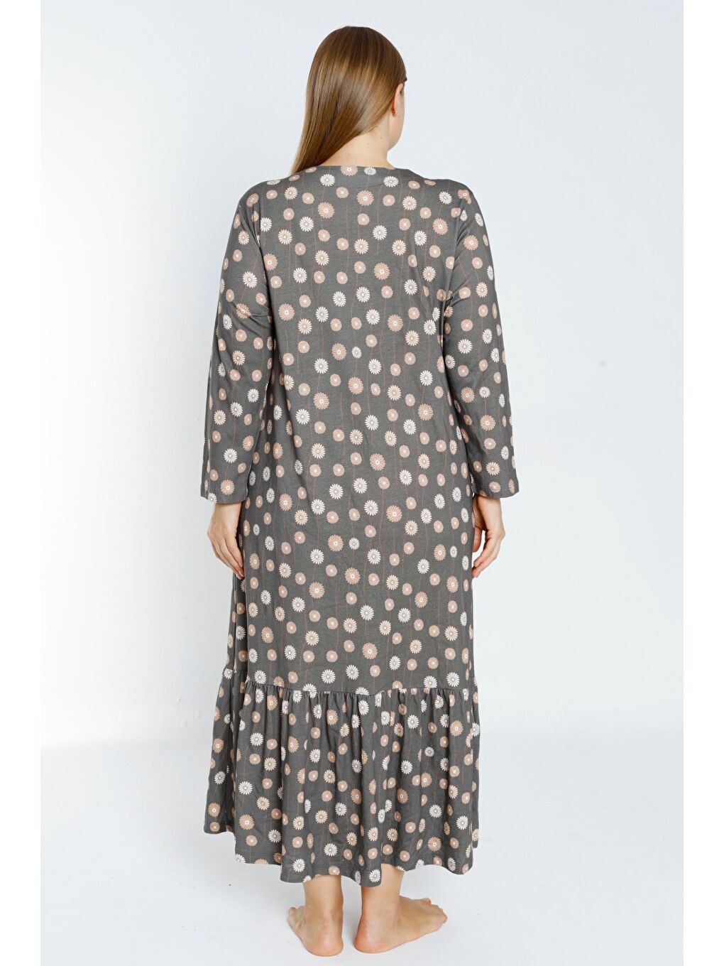 Gri desenli uzun kollu düğmeli cepli kadın büyük beden pamuklu elbise-4