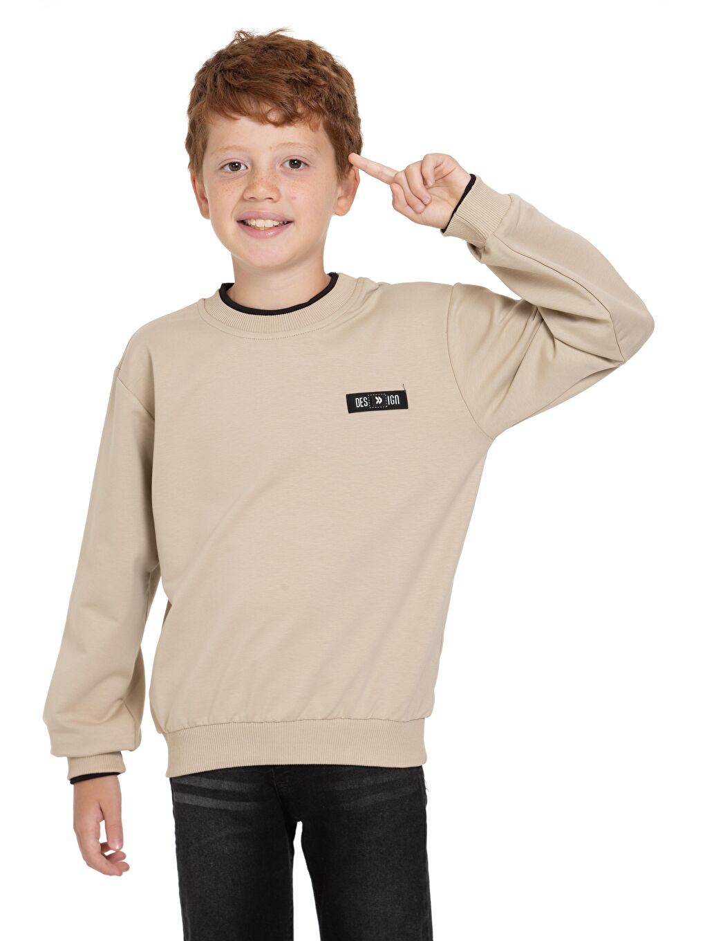 Yakası ve Kolları Garnili Bej Renk Erkek Çocuk Sweatshirt