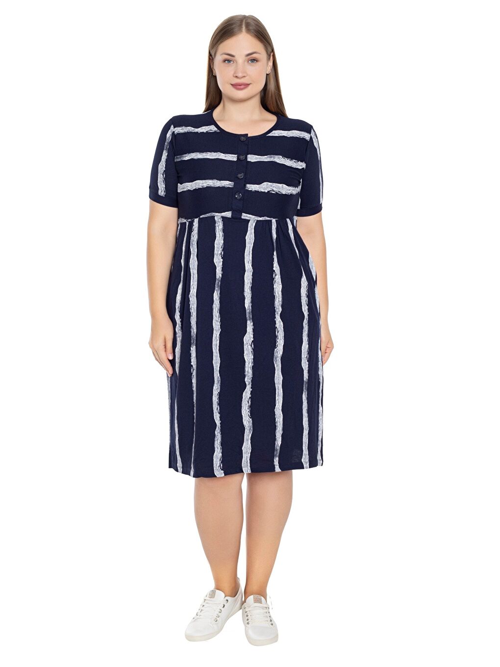 Lacivert Çizgi Desenli Kısa Kollu Düğmeli Cepli Büyük Beden Pamuklu Elbise