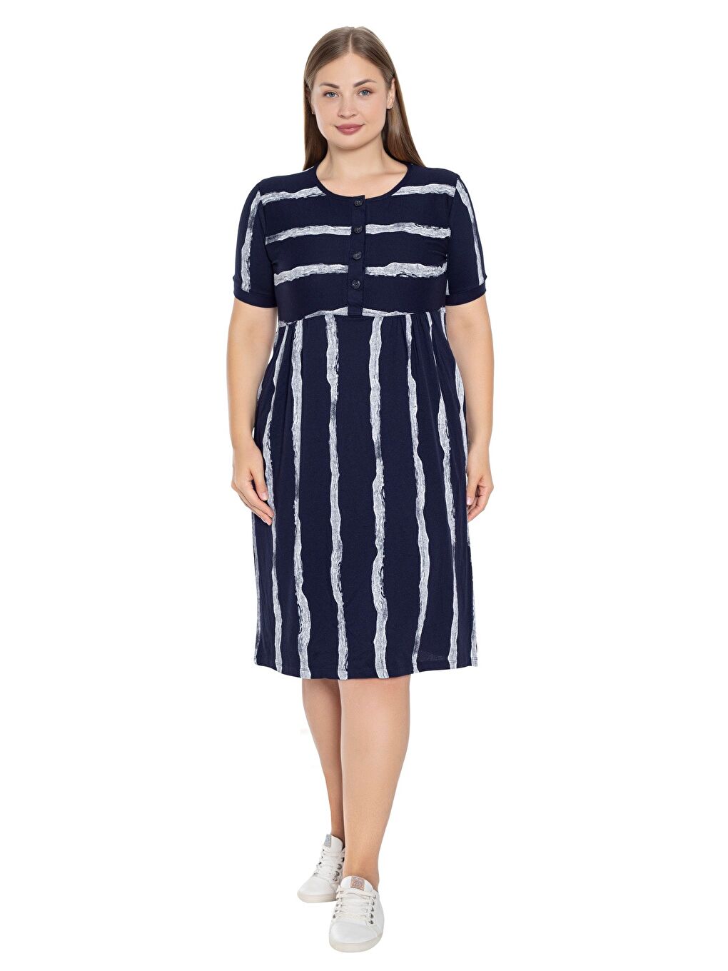 Lacivert Çizgi Desenli Kısa Kollu Düğmeli Cepli Büyük Beden Pamuklu Elbise-1