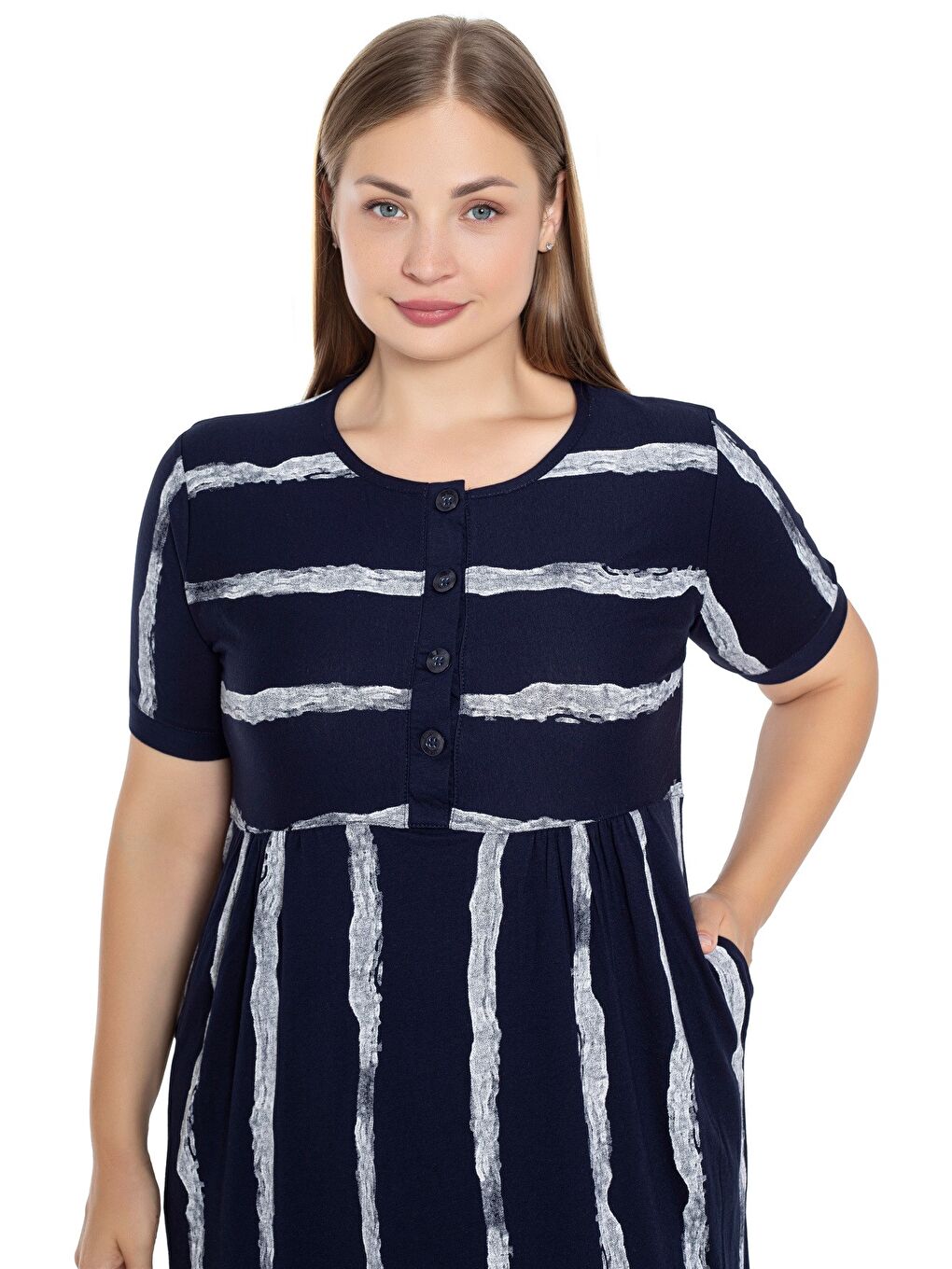 Lacivert Çizgi Desenli Kısa Kollu Düğmeli Cepli Büyük Beden Pamuklu Elbise-3