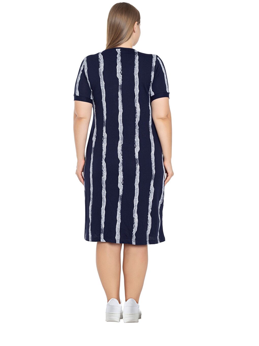 Lacivert Çizgi Desenli Kısa Kollu Düğmeli Cepli Büyük Beden Pamuklu Elbise-4